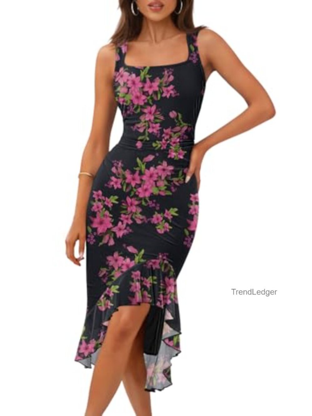 Women's Floral Bodycon Midi Dress Sleeveless Square Neck Ruched Cocktail Party